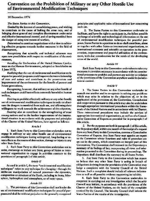 UNITED NATIONS TREATY Environmental Modification Restrictions 1976